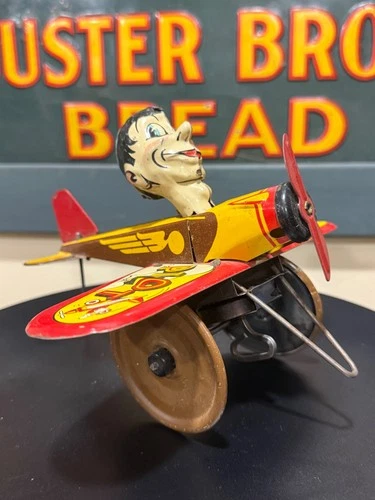 Vintage Tin Toy Airplane Marx Rookie Pilot Circus Trick Wind Up Plane