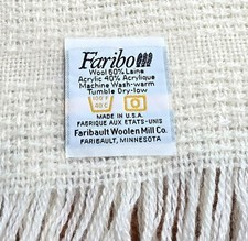 Vintage Faribault Woven Throw Blanket Faribo Fringe Cream Afghan Lap Wool 48x58