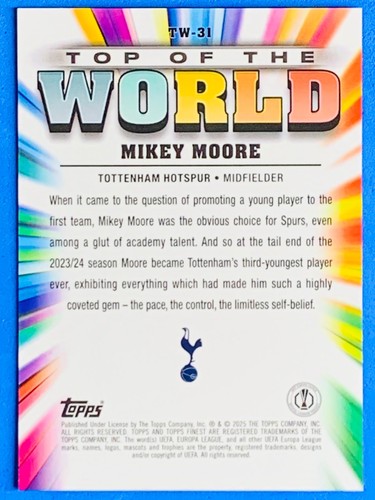Mikey Moore Topps Finest UCC 2024-25 RC Top Of The World /50 Tottenham IC43 - Picture 2 of 2