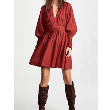 Ulla Johnson Rory Metallic Cotton Long Sleeve Mini Dress Ruby Red Size 4