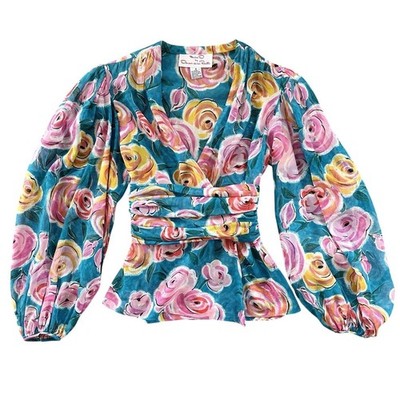 VTG Miss O Oscar de la Renta Cotton Wrap Blouse Floral Puff Sleeve Roses Size 6