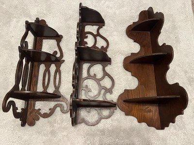 3 Vintage Wood 3 Tier Hanging Corner Shelves Scrollwork 20-24  Tall