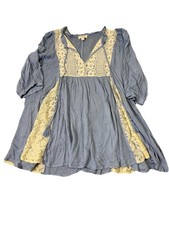 Umgee Women's Chambray Lace Boho Peasant Mini Dress Tunic Top Tassels Size Small