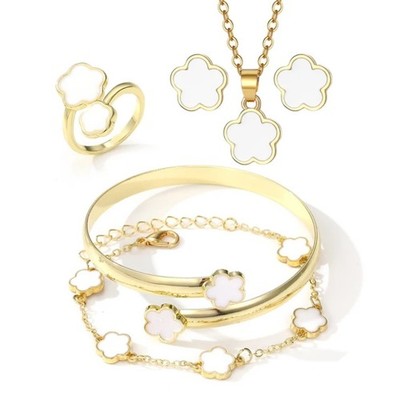 Gold Tone White Clover Flower Jewelry Set Necklace Bracelet Ring Earrings 