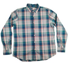 Old Navy Shirt Mens Large Blue Green Plaid Everyday Regular Fit Flex Button Down