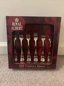 New NIB Royal Albert Old Country Roses 6 Cocktail Seafood Forks Stainless Steel