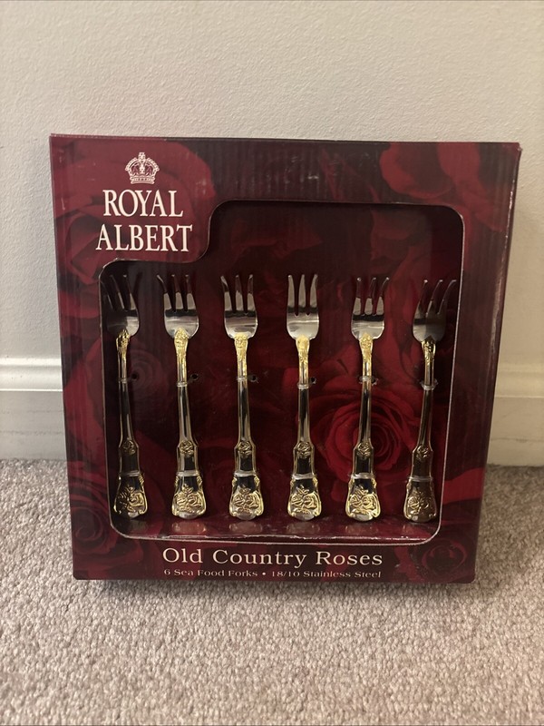 New NIB Royal Albert Old Country Roses 6 Cocktail Seafood Forks Stainless Steel