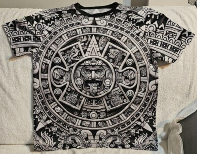 #ad AZTEC WARRIOR CALENDAR SUN STONE MEXICA ALL OVER PRINT T SHIRT SHIRT $14.51
