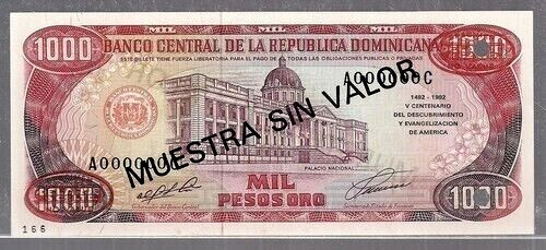 Dominican Republic 1000 PESOS P-142 1992 Rare Commemorative UNC SPECIMEN NOTE