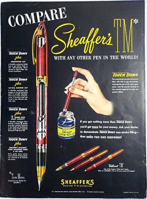 Sheaffers Fountain Pen Valiant Touch Down Vintage Ad 1952 Writing Magazine Print