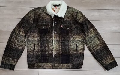 NWT LEVIS Men's Corduroy Sherpa Trucker Jacket Med Textured Plaid Tinsel Brown 