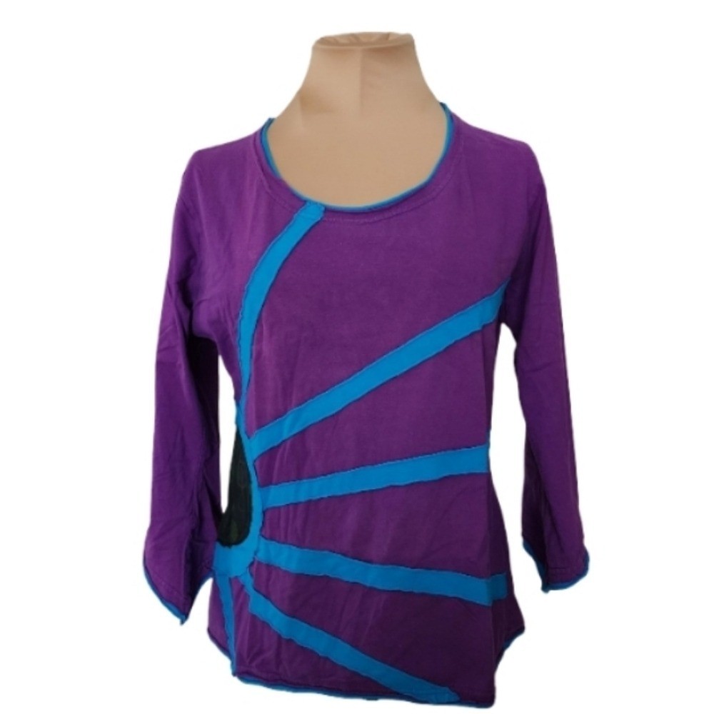 Dragonfly Boho Applique Patchwork Cotton Top Purp… - image 1