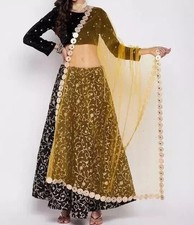 Women's Net Beaded Embroidery Chunni Polka Dot Gotta Patti Yellow Scarf/Dupatta