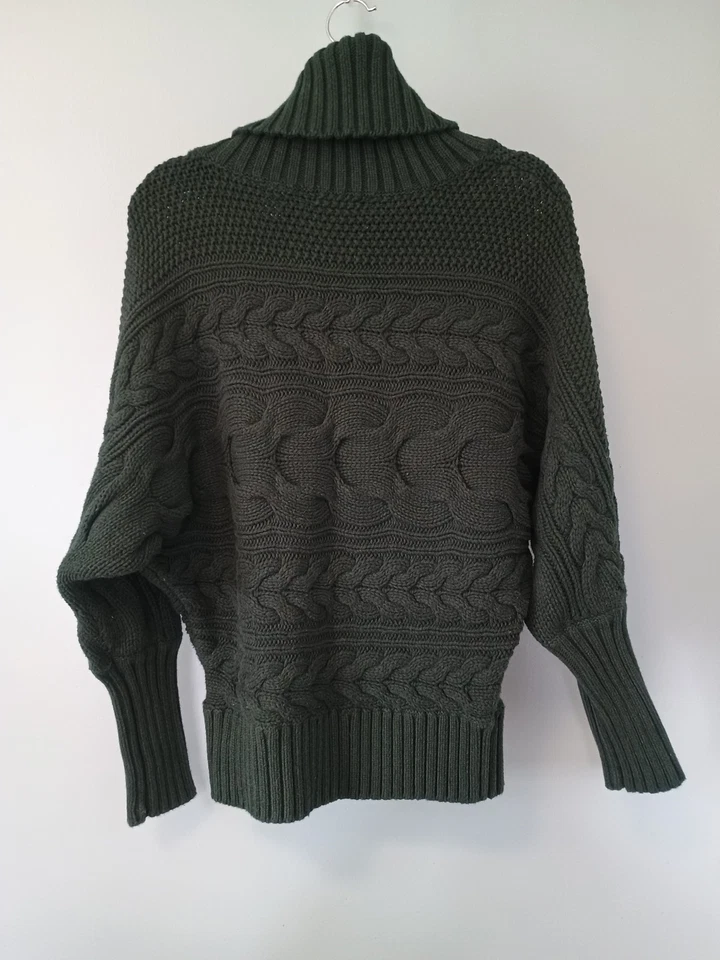 Suéter Tejido Grueso 100% Algodón Verde Bosque L Cuello Alto Ala de Murciélago Pullover Foto 2 de 4