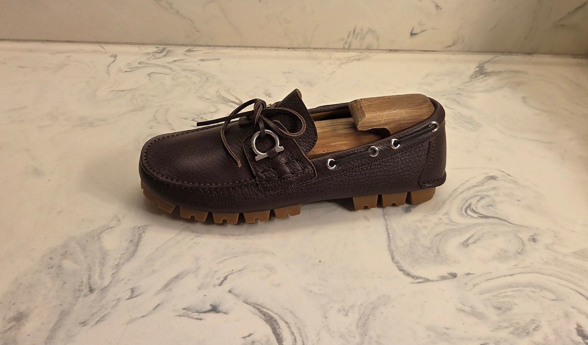 New! Salvatore Ferragamo 'Giosue' Boat Loafers Brown Mens Size 7 M