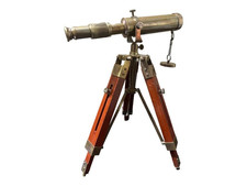 Vintage Brass Telescope with Wooden Tripod   Antique Nautical Spyglass Decor