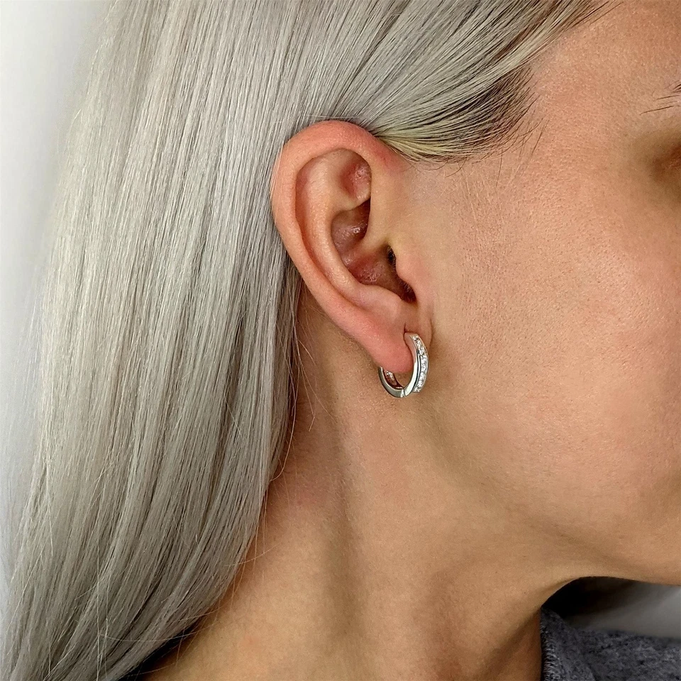 Silverly Donna Argento 925 Quadrato Zircone Cubico Canale Orecchini A Cerchio - Immagine 4 di 4