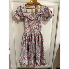 Vintage Floral Ruffle Midi Dress Girls Small Pink Purple Lace Bustle