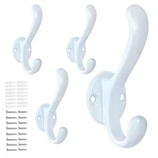 4 Pack Coat Hooks Wall Mount Heavy Duty Utility Retro Double Hooks 4 Pack-White