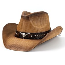 Straw Cowboy Hats for Women and Men,Western Brown One Size Khaki cattle1