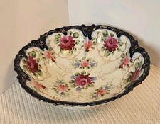 Antique Nippon Hand Painted Bowl Floral Cobalt Blue Gold Scalloped Roses 9” 