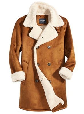 Guess Mens Faux Shearling Double Breasted Overcoat Small Cognac - NWT $350