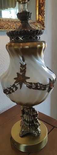 Vtg MidCentury Hollywood Regency Lamp Applied Flower Swirl Globe Cherubs Works!