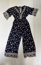 ANGIE Boho Pant Jumpsuit Romper Floral Hippie Small Resort Wear Navy Blue