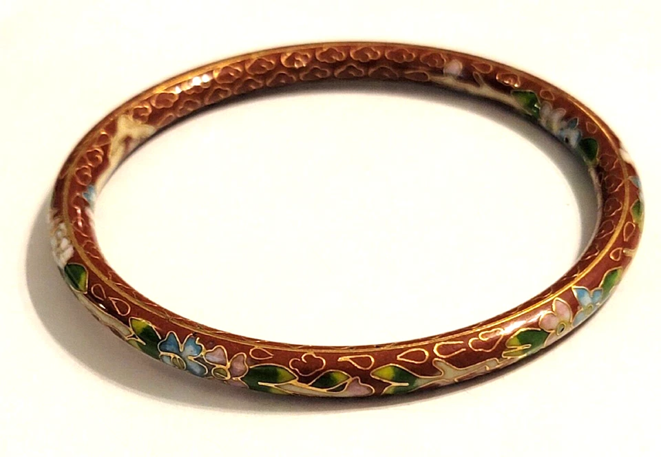 Brazalete Brazalete Cloisonne Vintage Rojo-Verde/Dorado/Azul Flores Asiáticas Foto 3 de 4