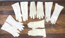 LOT OF 5 LADIES WHITE OR IVORY VINTAGE KID LEATHER GLOVES, EMBROIDERY, BOWS