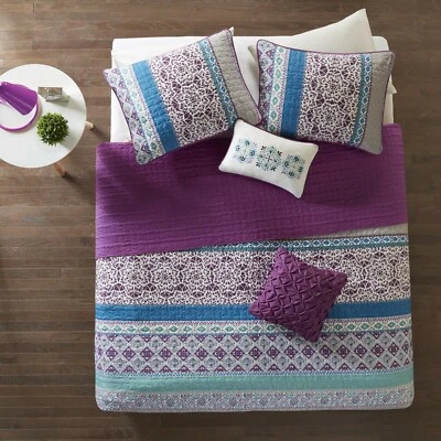QUALITY BEAUTIFUL MODERN CHIC BLUE TEAL AQUA PURPLE TROPICAL GLOBAL BOHEMIAN QUILT SET
