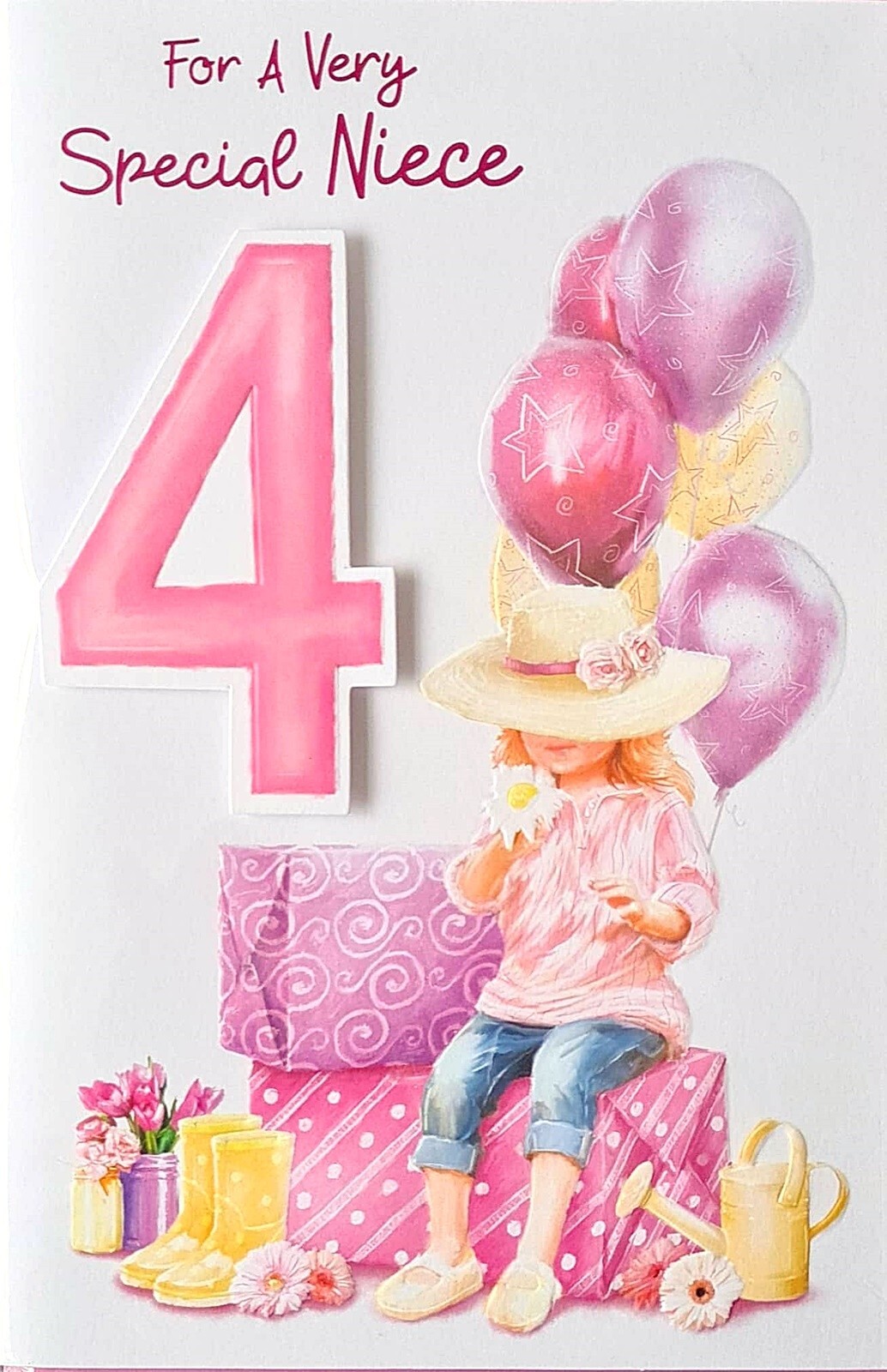 Happy 4th Birthday Card For A Very Special Niece Cute Girl Presents Balloons