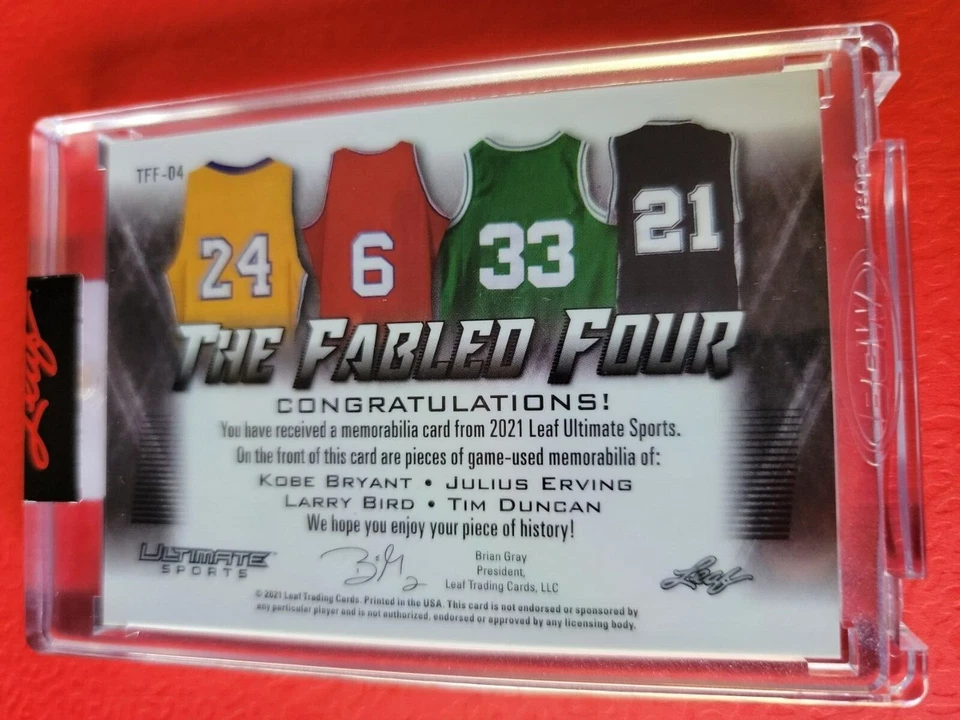 KOBE BRYANT LARRY BIRD TIM DUNCAN DR J 4 GAME USED JERSEY CARD #d9/12 ULTIMATE - Image 2 of 3