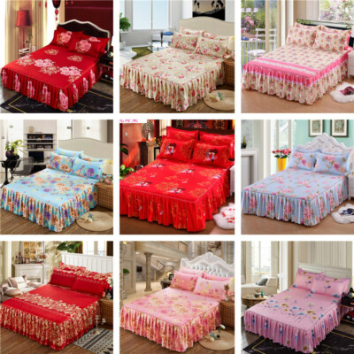 3pcs/set Twin Queen Size Dust Ruffle Bed Skirt Pillowcase Bedding Skirt Set New