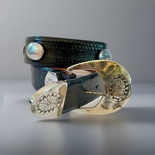 90s GUESS Black Lizard Western Belt S.Silver Plated Buckle Conchos sz28 Marciano