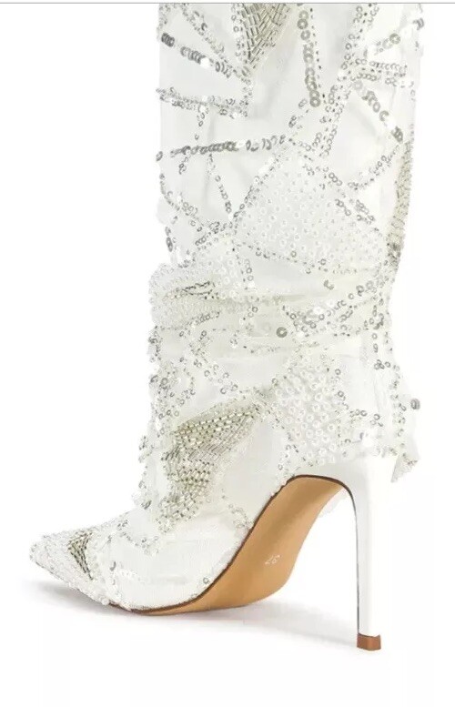 Azalea Wang Size White Boots Mitski Sequined Tulle Stiletto Booties Swifty
