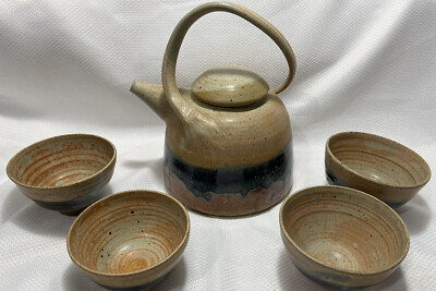 RARE Vintage Art Pottery Signed By Amal Y Teapot & 4 Tea Bowls