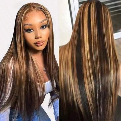 250% Density 13X4 Ombre Highlight HD Lace Front Straight HH Wigs - #4/27 Colored