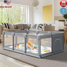 Baby Playpen Fence W/ See-Through Mesh Indoor Outdoor Anti-Fall Safety Gray New