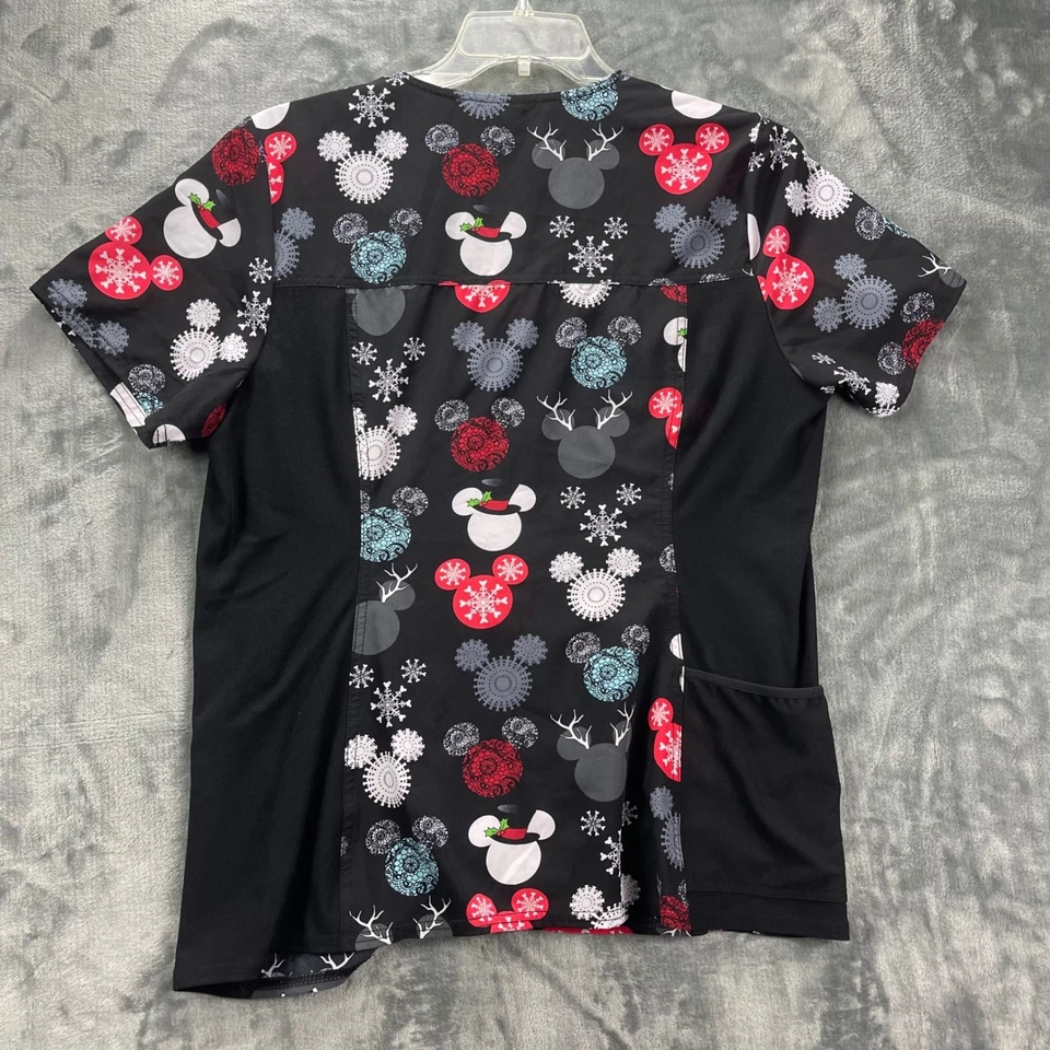 Disney Mickey Mouse Christmas Scrub Top Women's Large Black Snowflake Print - Image 2 of 4