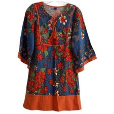 Farm Rio Floral V-Neck Tassel 3/4 Kimono Sleeve Tunic Dress Bold Artsy Size S