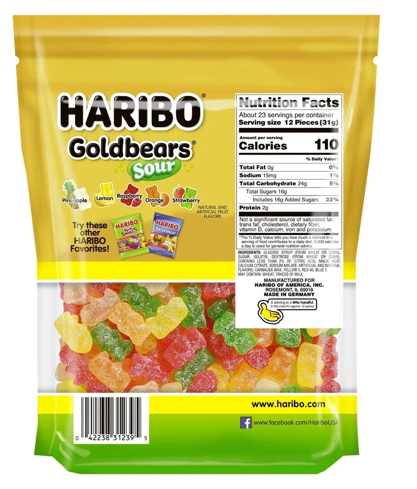 HARIBO Goldbears Gummy Bears, Sour Candy Gummies, 25.6 oz, Bulk Party Share Bag.