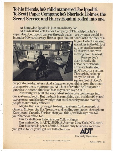 1973 ADT Security Systems Ad: Scott Paper Philadelphia Security Desk Pictured