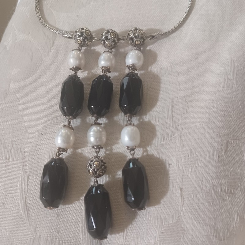 John Hardy Jaisalmer Onyx and Pearl 3 Strand Drop Necklace, SS & 18k
