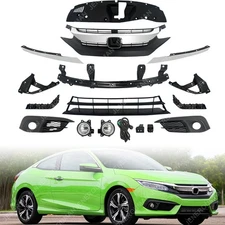 14Pcs Grille Kit Front Brackets For 16-19 Honda Civic Radiator Cover Fog Lights