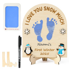 DIY Winter Footprint or Handprint Art Sign with Ink Pad, 3D Snowman Newborn Wood
