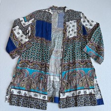 Chicos Linen Kimono Jacket Womens 12-14 Blue White Patchwork Paisley Boho Duster