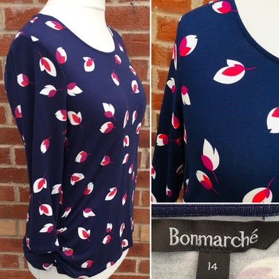 Bonmarche Size 14 Navy Blue Red Top Holiday Summer Evening Stretchy Excellent S8