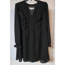 Loft Womens Small Dark Green Textured Plaid Ruffle V-Neck Mini Dress