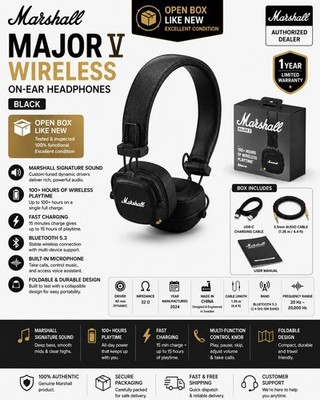 Marshall Major V Wireless On-Ear Bluetooth Headphones   Black 